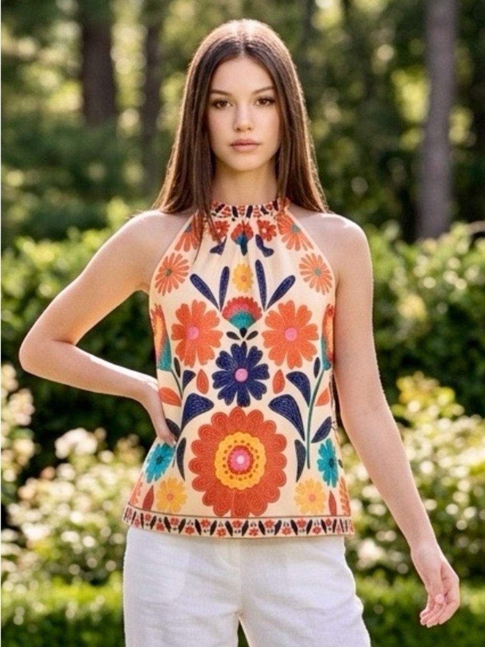 Woman’s NWOT Mexican Inspired Bohemian Floral Halter Top in M